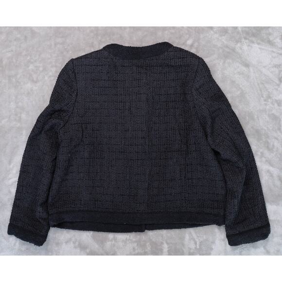 H&M Black Textured Weave Wool Blend Tweed Lined Collarless Jacket Womens Size L - Picture 2 of 16